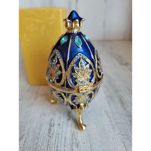 Dark blue enameled egg trinket box rhinestone Easter home decor - Picture 4 of 9